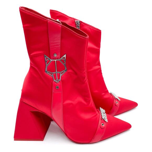 Naked Wolfe Viva Satin Boots Red Pointed Toe Block Heel Ankle Logo Sz 10 - Picture 1 of 10